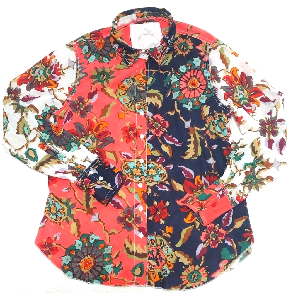 Cino; Small, Coral, Blue, and White, Button-Down Shirt _100% Cotton